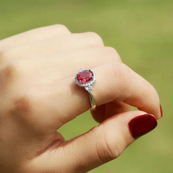 Jewelry - NEW 925 Sterling Silver Oval Ruby Round Diamond Halo Ring